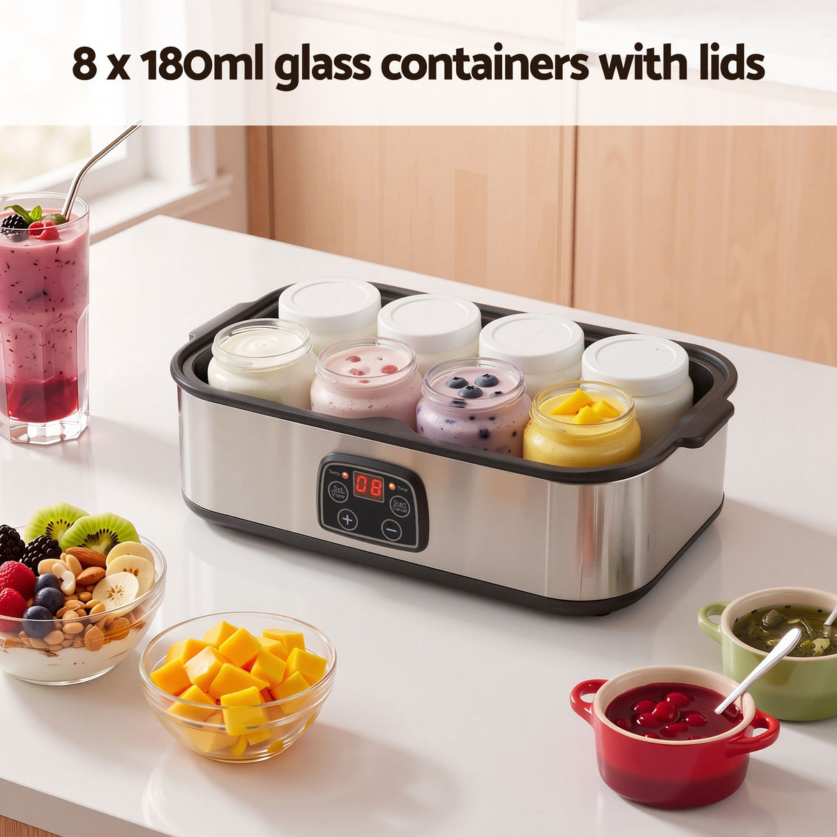 Devanti Yoghurt Maker Machine with 8x180ml Glass Cups Temp Control Black Awezingly