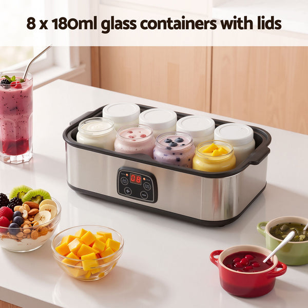 Devanti Yoghurt Maker Machine with 8x180ml Glass Cups Temp Control Black Awezingly