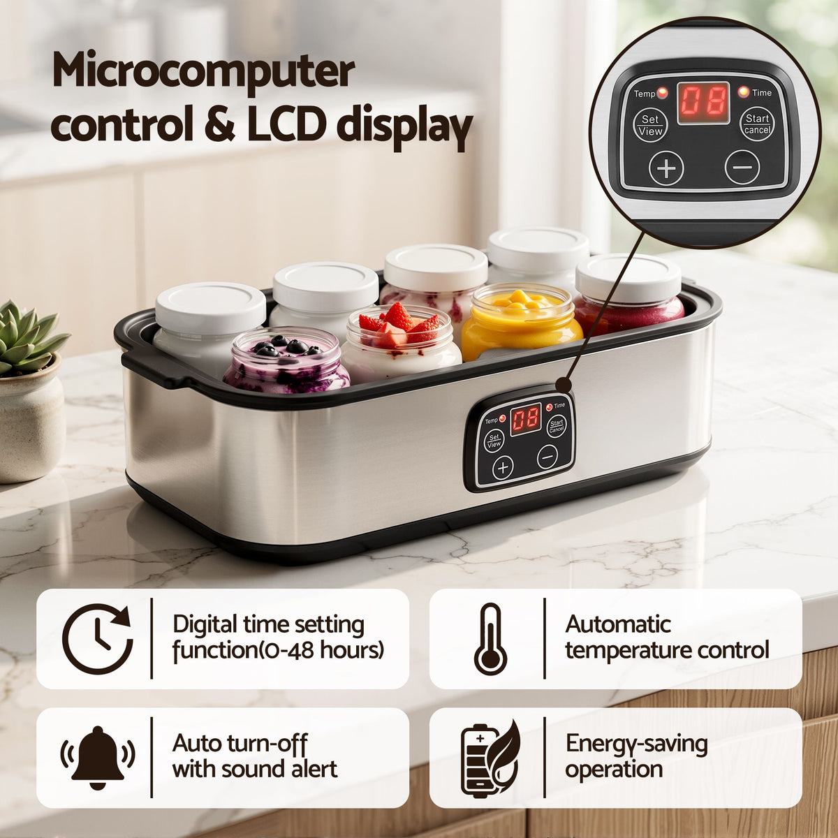 Devanti Yoghurt Maker Machine with 8x180ml Glass Cups Temp Control Black Awezingly