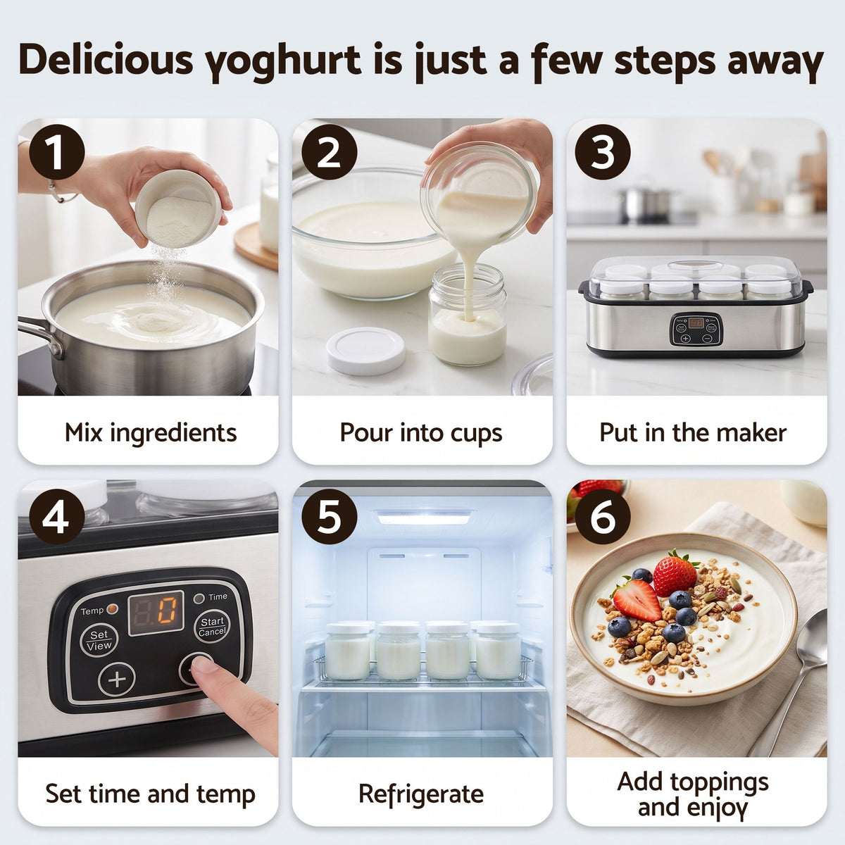 Devanti Yoghurt Maker Machine with 8x180ml Glass Cups Temp Control Black Awezingly