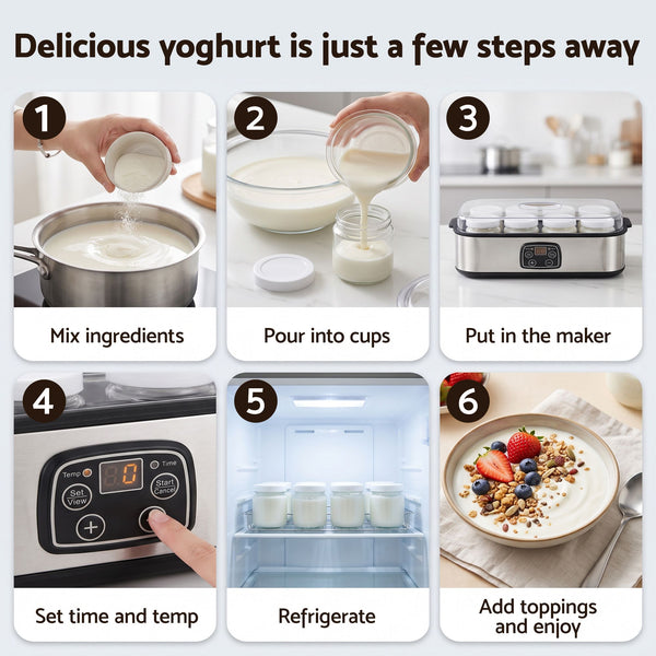 Devanti Yoghurt Maker Machine with 8x180ml Glass Cups Temp Control Black Awezingly