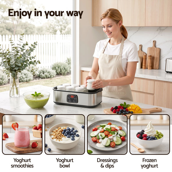 Devanti Yoghurt Maker Machine with 8x180ml Glass Cups Temp Control Black Awezingly