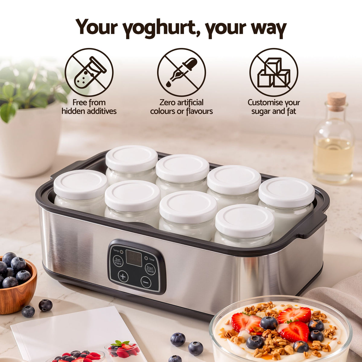 Devanti Yoghurt Maker Machine with 8x180ml Glass Cups Temp Control Black Awezingly