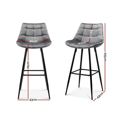 2 x Artiss Kitchen Bar Stools Velvet Bar Stool Counter Chairs Metal Barstools Grey