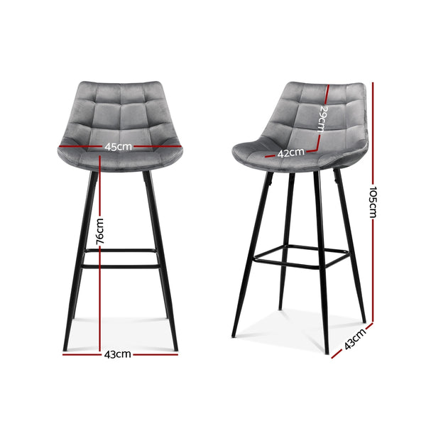 2 x Artiss Kitchen Bar Stools Velvet Bar Stool Counter Chairs Metal Barstools Grey freeshipping - Awezingly