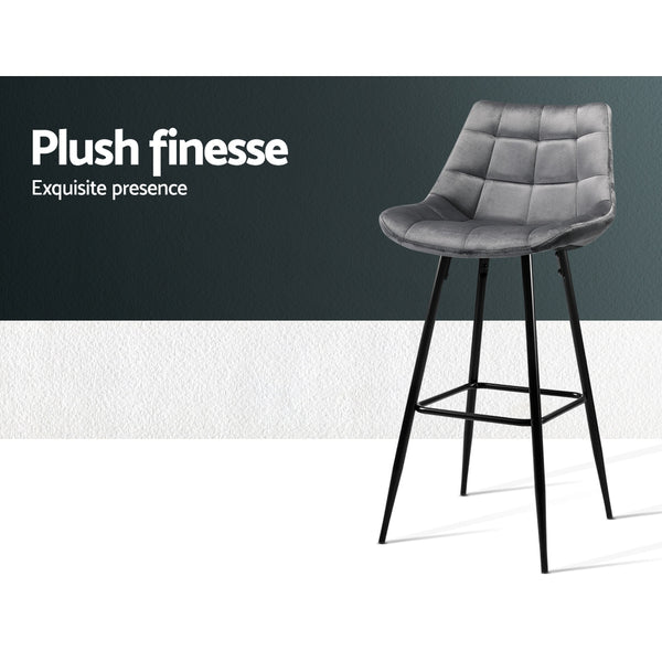 2 x Artiss Kitchen Bar Stools Velvet Bar Stool Counter Chairs Metal Barstools Grey freeshipping - Awezingly
