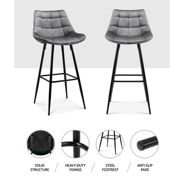 2 x Artiss Kitchen Bar Stools Velvet Bar Stool Counter Chairs Metal Barstools Grey freeshipping - Awezingly