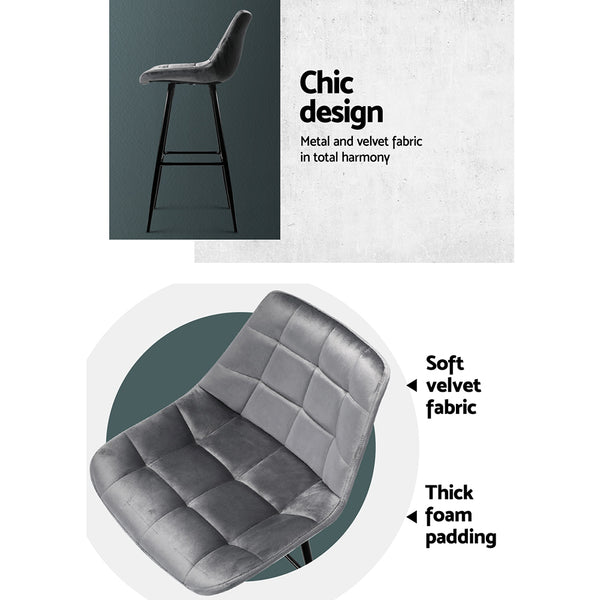 2 x Artiss Kitchen Bar Stools Velvet Bar Stool Counter Chairs Metal Barstools Grey freeshipping - Awezingly