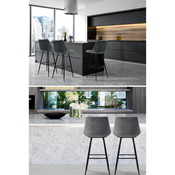 2 x Artiss Kitchen Bar Stools Velvet Bar Stool Counter Chairs Metal Barstools Grey freeshipping - Awezingly
