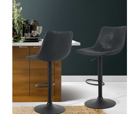 Artiss 2 x Kitchen Bar Stools Gas Lift Swivel Vintage Leather - Black freeshipping - Awezingly
