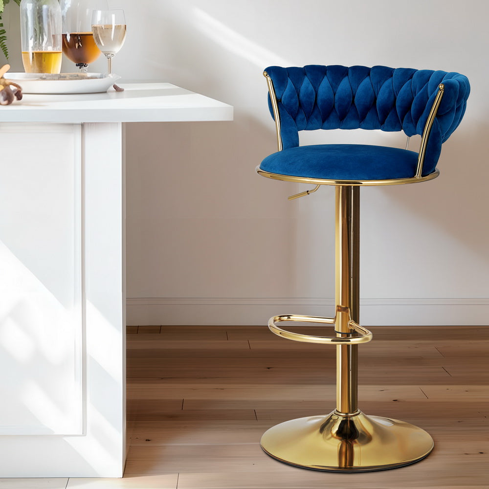 Artiss Bar Stools Gas Lift Velvet Woven Backrest Navy Artiss