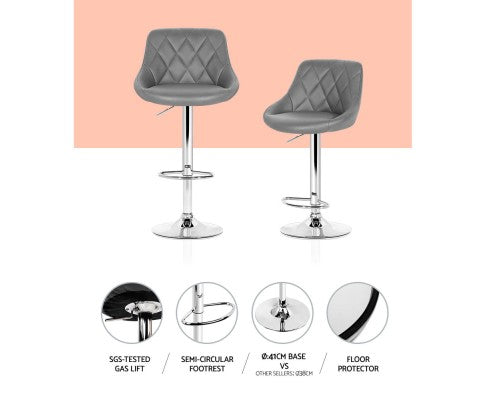 Artiss 2x Bar Stools Kitchen Gas Lift Swivel Chairs Leather Chrome Grey freeshipping - Awezingly