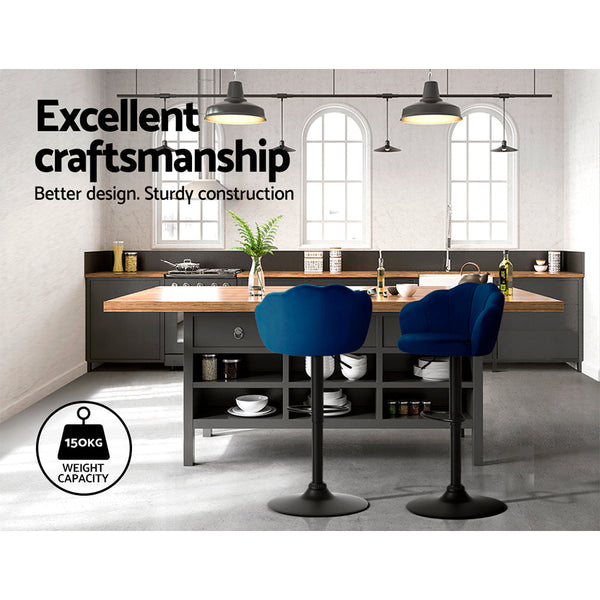 Artiss Set of 2 Bar Stools Kitchen Stool Swivel Chair Gas Lift Velvet Chairs Blue Nessah Artiss