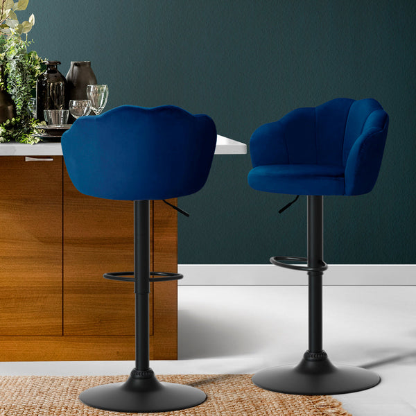 Artiss Set of 2 Bar Stools Kitchen Stool Swivel Chair Gas Lift Velvet Chairs Blue Nessah Artiss