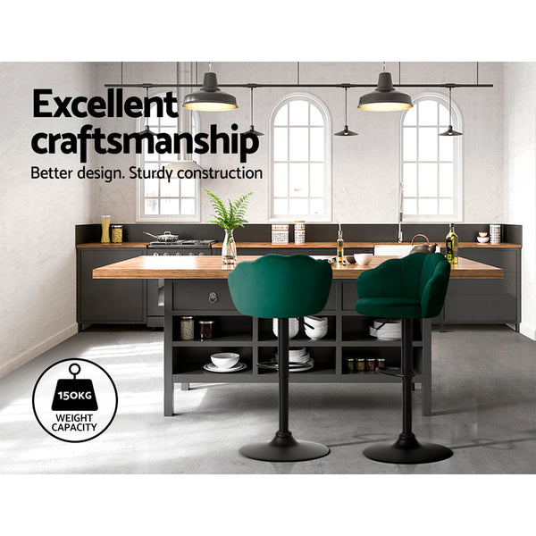 Artiss Set of 2 Bar Stools Kitchen Stool Swivel Chair Gas Lift Velvet Chairs Green Nessah Artiss