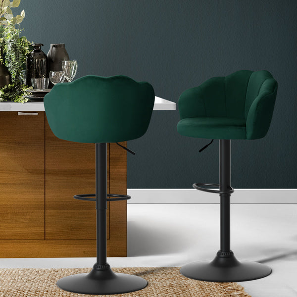 Artiss Set of 2 Bar Stools Kitchen Stool Swivel Chair Gas Lift Velvet Chairs Green Nessah Artiss
