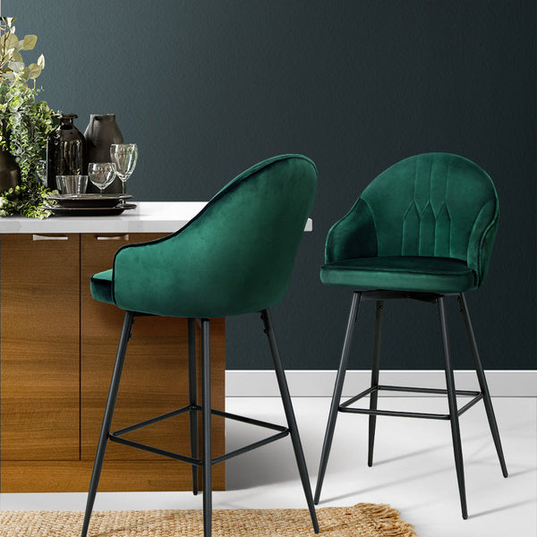 Artiss Set of 2 Bar Stools Kitchen Stool Dining Chairs Velvet Chair Barstool Green Mesial Artiss