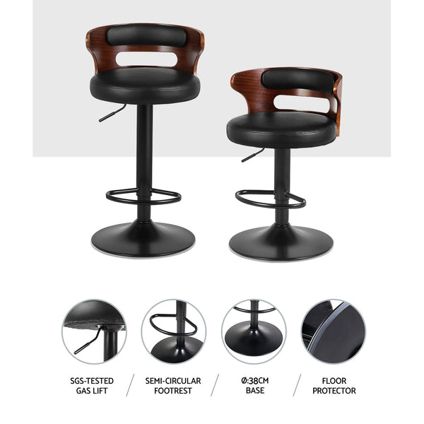 Artiss Set of 2 Bar Stools Kitchen Wooden Gas Lift Leather Stool Metal Black Barstools Artiss