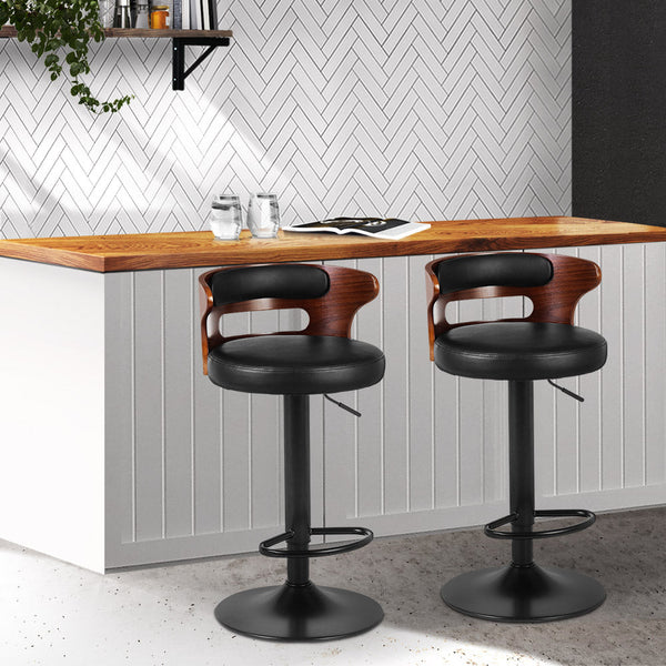 Artiss Set of 2 Bar Stools Kitchen Wooden Gas Lift Leather Stool Metal Black Barstools Artiss