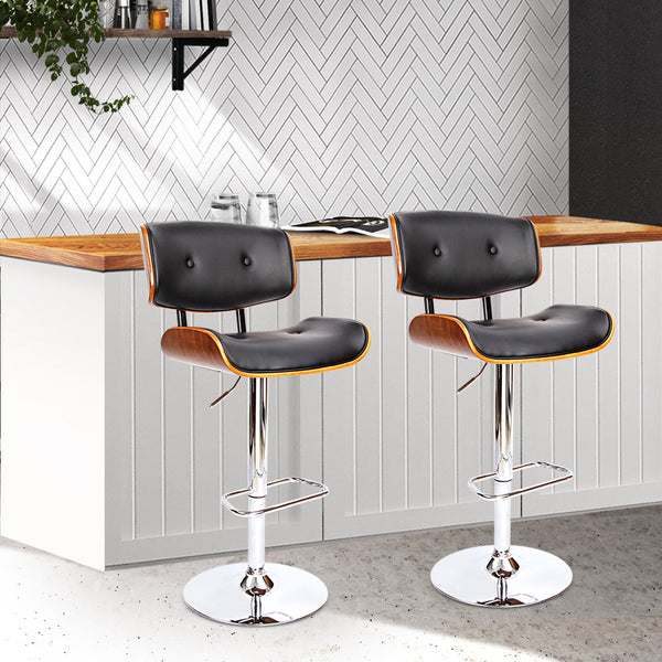 Artiss Set of 2 Wooden Gas Lift Bar Stools - Black and Chrome Artiss