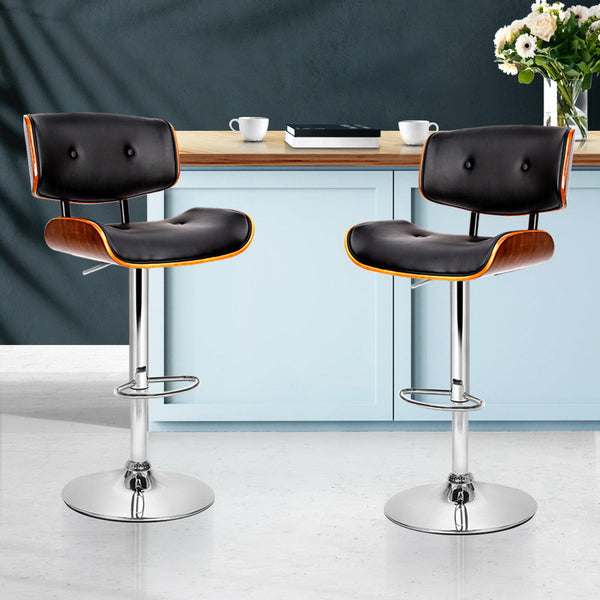 Artiss Set of 2 Wooden Gas Lift Bar Stools - Black and Chrome Artiss