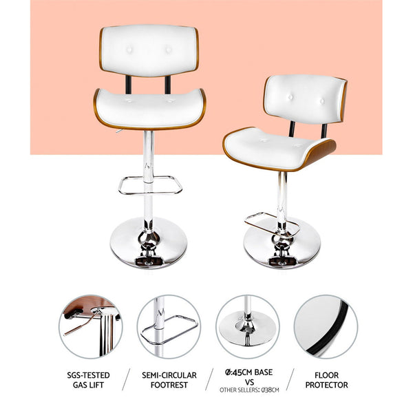 Artiss Set of 2 Wooden Gas Lift Bar Stool - White and Chrome Artiss