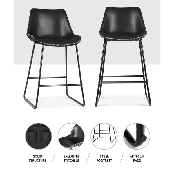 Artiss Set of 2 Bar Stools Kitchen Metal Bar Stool Dining Chairs PU Leather Black Artiss