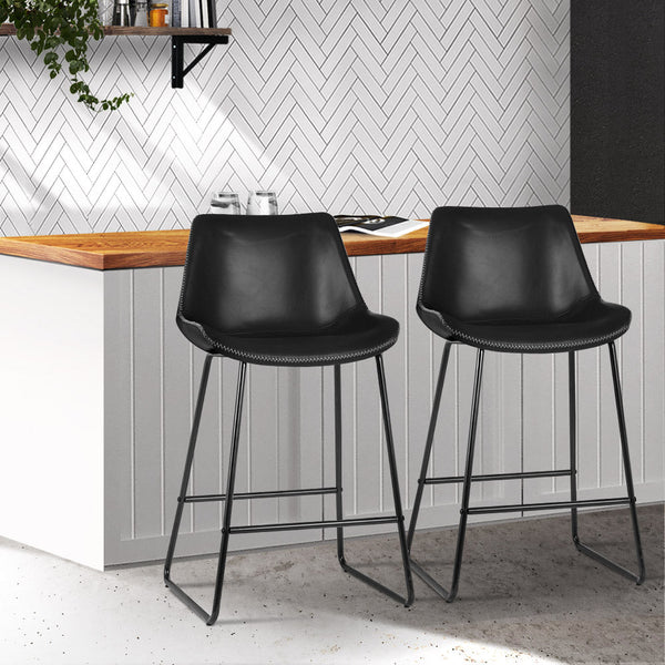 Artiss Set of 2 Bar Stools Kitchen Metal Bar Stool Dining Chairs PU Leather Black Artiss