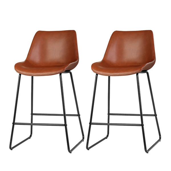 Artiss Set of 2 Bar Stools Kitchen Metal Bar Stool Dining Chairs PU Leather Brown Artiss