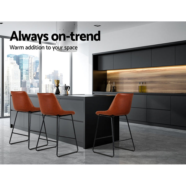 Artiss Set of 2 Bar Stools Kitchen Metal Bar Stool Dining Chairs PU Leather Brown Artiss