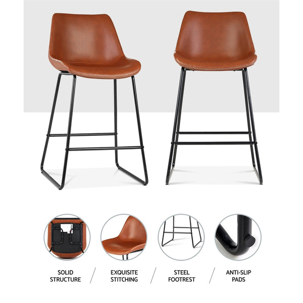 Artiss Set of 2 Bar Stools Kitchen Metal Bar Stool Dining Chairs PU Leather Brown Artiss