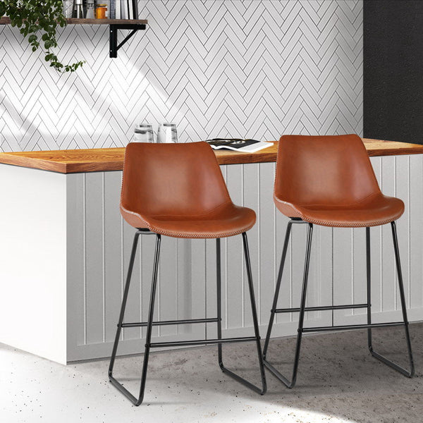 Artiss Set of 2 Bar Stools Kitchen Metal Bar Stool Dining Chairs PU Leather Brown Artiss