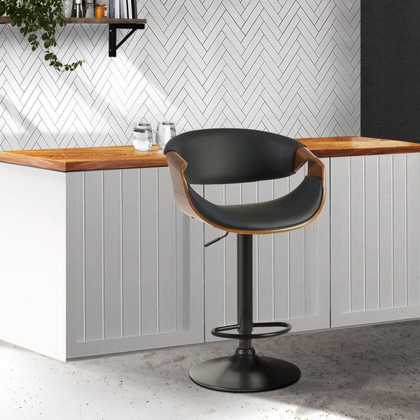 Artiss Bar Stools Swivel Chair Kitchen Gas Lift Wooden Bar Stool Leather Black Artiss