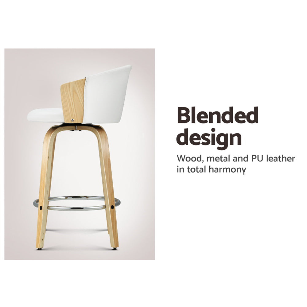 Artiss Set of 2 Bar Stools Kitchen Stool Wooden Chair Swivel Chairs Leather White Artiss