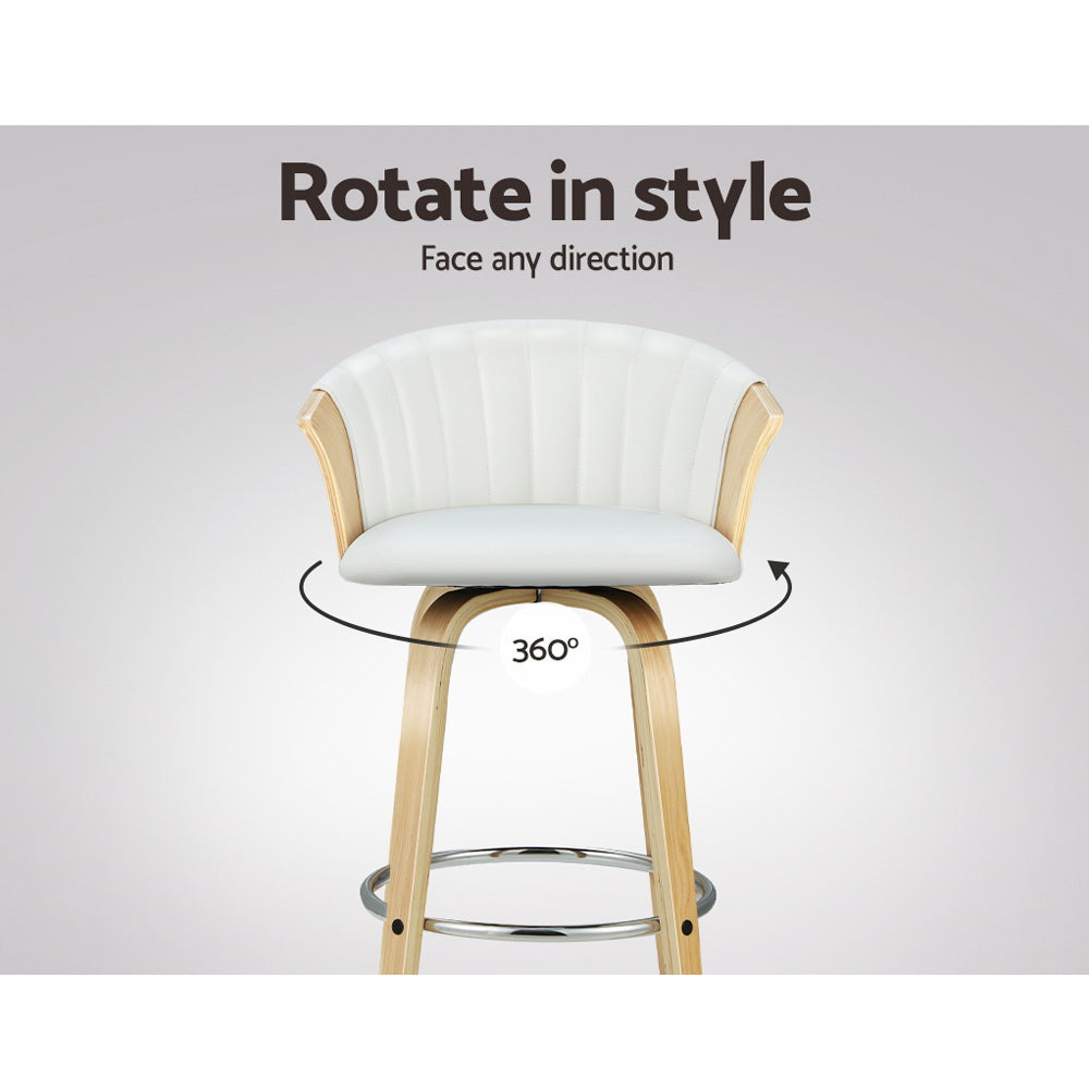 Artiss Set of 2 Bar Stools Kitchen Stool Wooden Chair Swivel Chairs Leather White Artiss