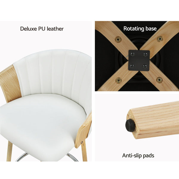 Artiss Set of 2 Bar Stools Kitchen Stool Wooden Chair Swivel Chairs Leather White Artiss