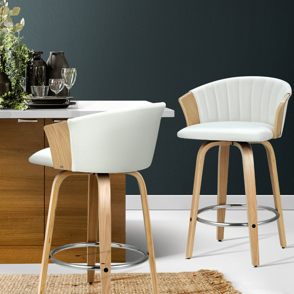Artiss Set of 2 Bar Stools Kitchen Stool Wooden Chair Swivel Chairs Leather White Artiss