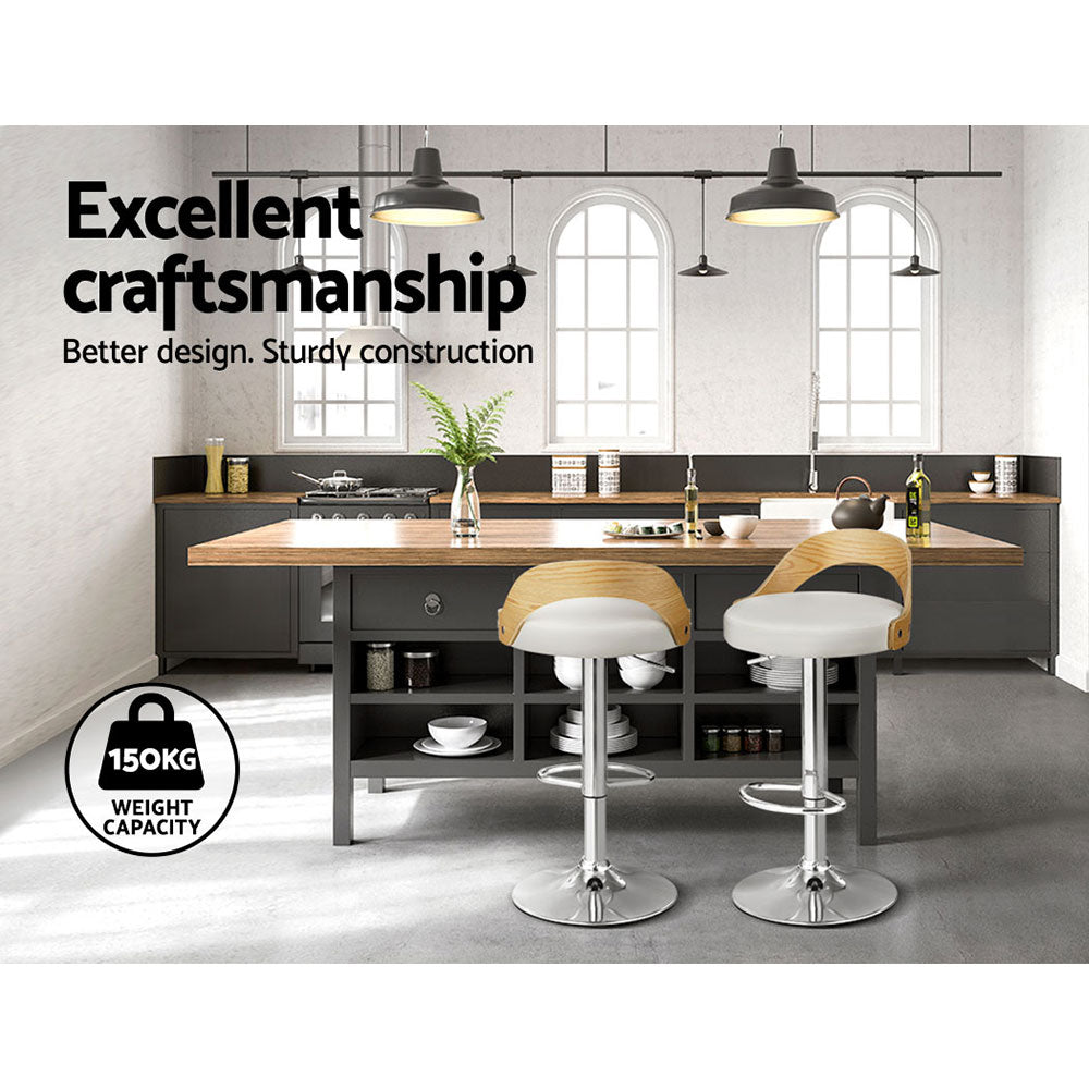 Artiss Set of 2 Bar Stools Kitchen Gas Lift Wooden Stool Metal Barstools White Swivel Artiss