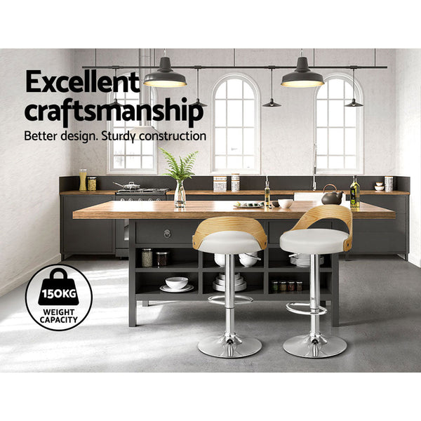 Artiss Set of 2 Bar Stools Kitchen Gas Lift Wooden Stool Metal Barstools White Swivel Artiss