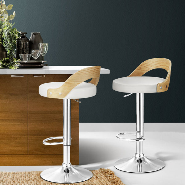 Artiss Set of 2 Bar Stools Kitchen Gas Lift Wooden Stool Metal Barstools White Swivel Artiss