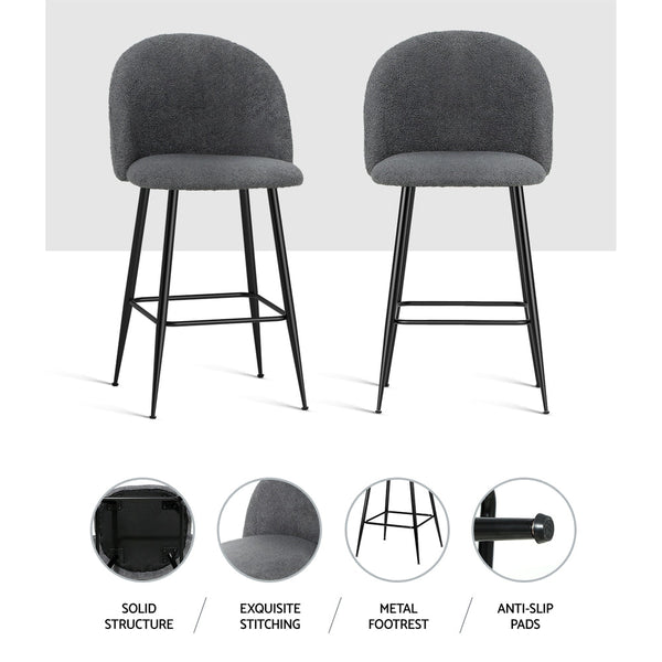 Artiss Set of 2 Bar Stools Kitchen Dining Chair Stool Chairs Sherpa Boucle Charcoal Artiss