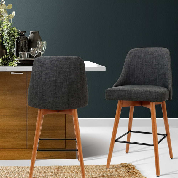 Artiss 2x Wooden Bar Stools Swivel Bar Stool Kitchen Cafe Fabric Charcoal freeshipping - Awezingly