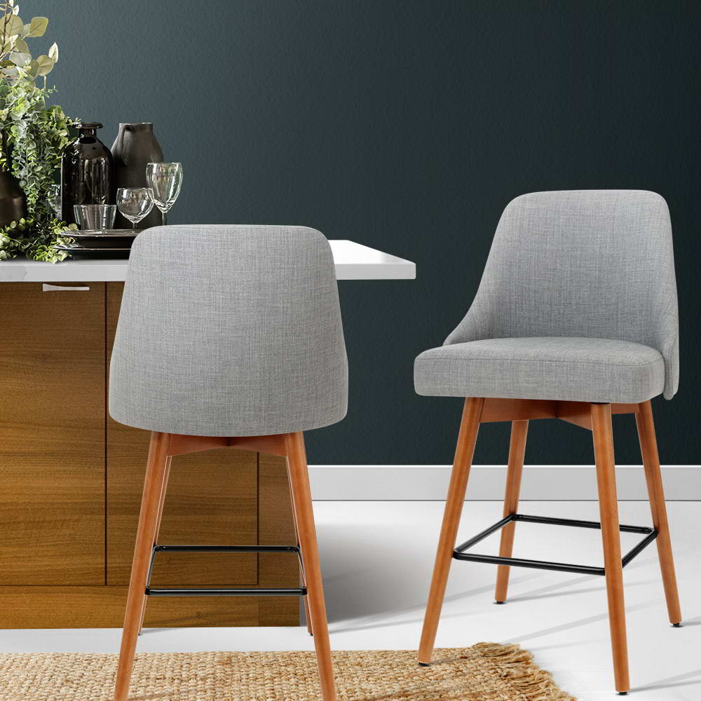 Artiss 2x Wooden Bar Stools Swivel Bar Stool Kitchen Cafe Fabric Light Grey freeshipping - Awezingly