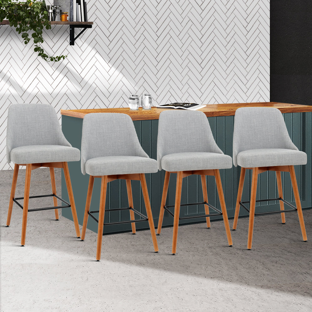 Artiss Set of 4 Wooden Fabric Bar Stools Square Footrest - Light Grey freeshipping - Awezingly