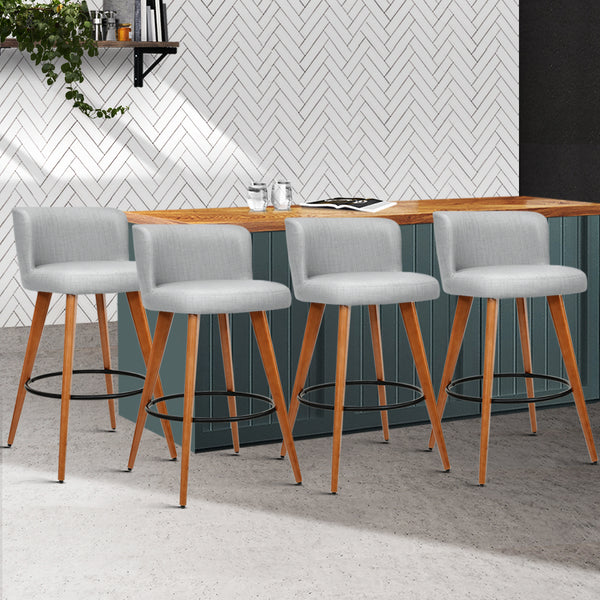 Artiss Set of 4 Wooden Fabric Bar Stools Circular Footrest - Light Grey freeshipping - Awezingly