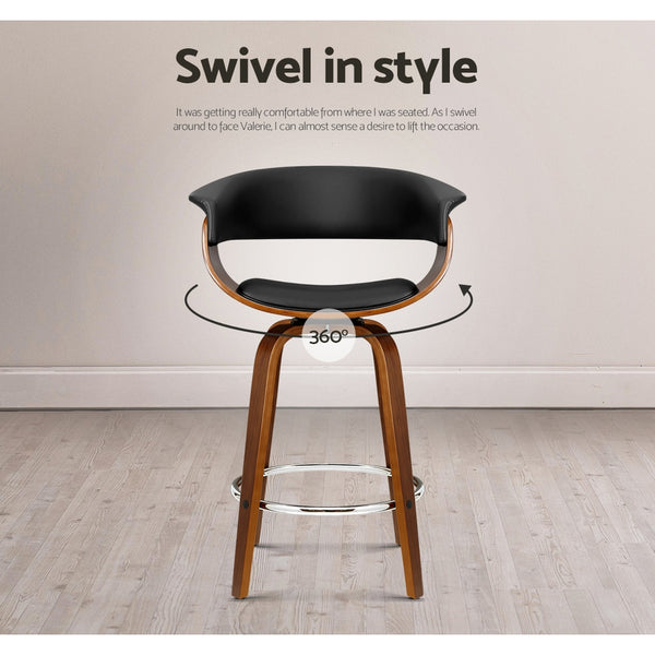 Artiss 1x Swivel Bar Stools Wooden Bar Stool Kitchen Leather Black freeshipping - Awezingly