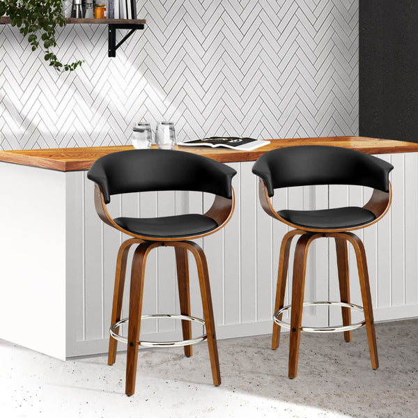 Artiss Set of 2 Swivel PU Leather Bar Stool - Wood and Black freeshipping - Awezingly