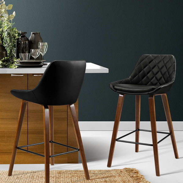 Artiss 2x Kitchen Bar Stools Wooden Stool Chairs Bentwood Barstool Leather Black freeshipping - Awezingly
