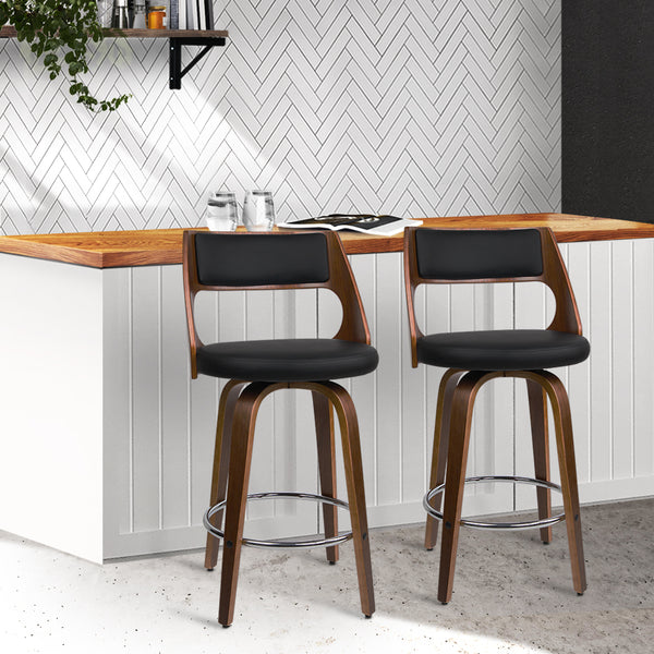 Artiss Set of 2 Wooden Bar Stools PU Leather - Black and Wood freeshipping - Awezingly