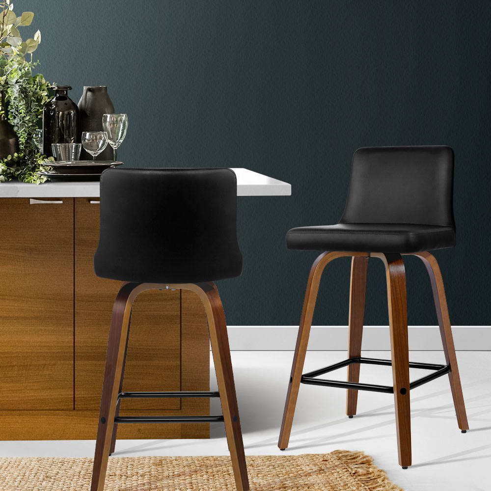 Artiss 2x Kitchen Wooden Bar Stools Leather Luxury Black freeshipping - Awezingly